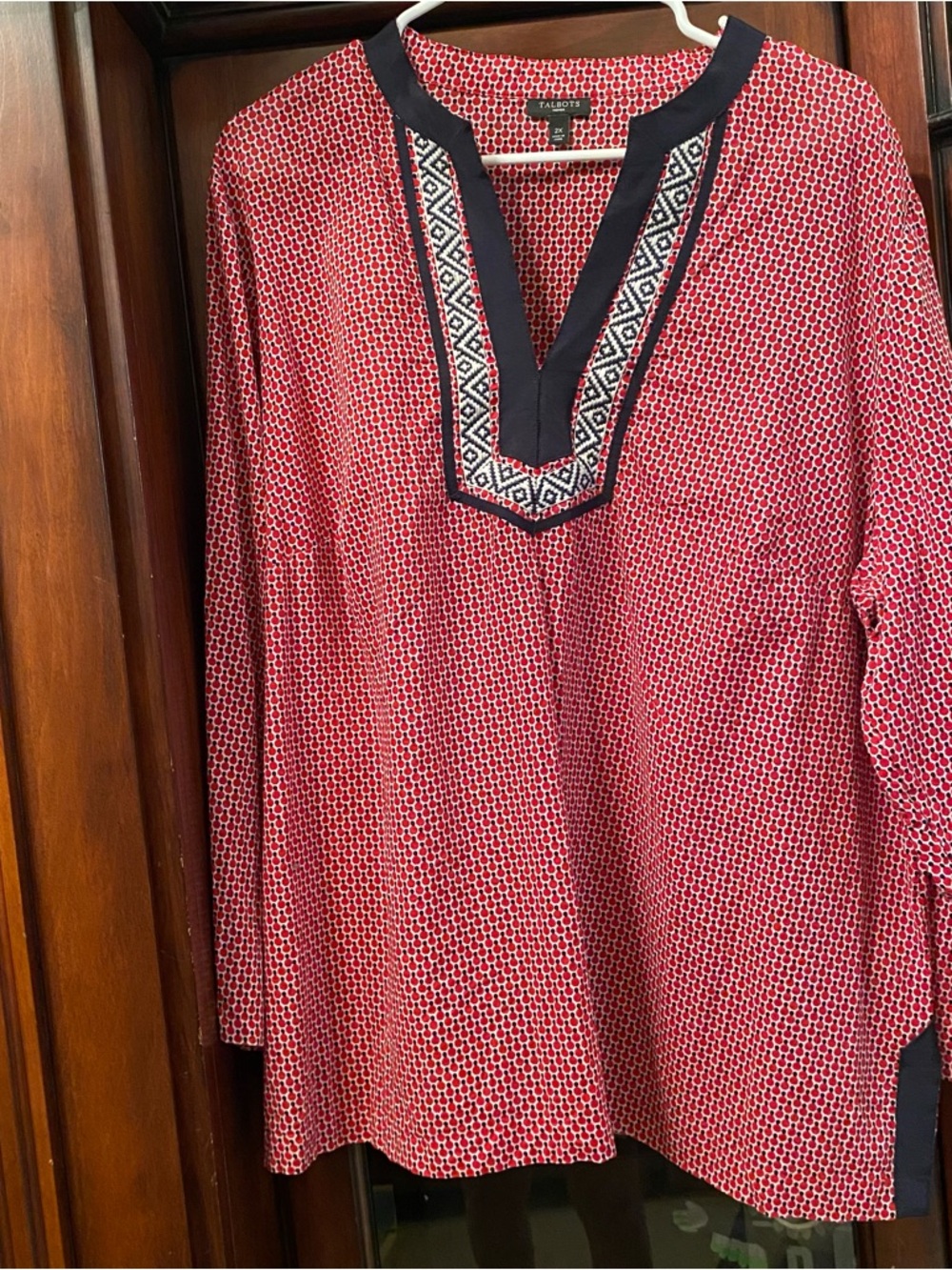 Talbots Red and Navy Printed Tunic with Embroidered Placket - Picture 2 of 7